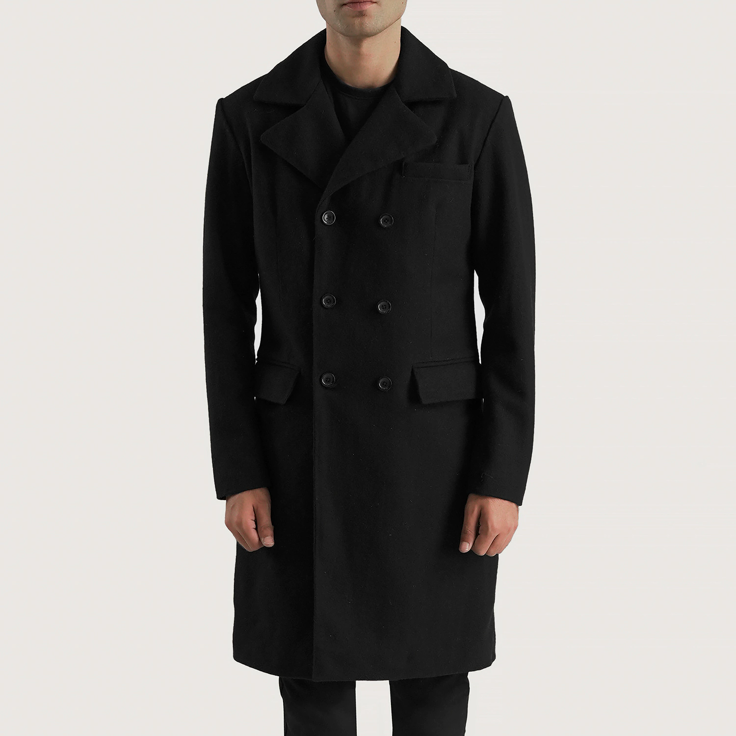 Mens Claud Black Wool Double Breasted Coat Close Front-5-1700233341507